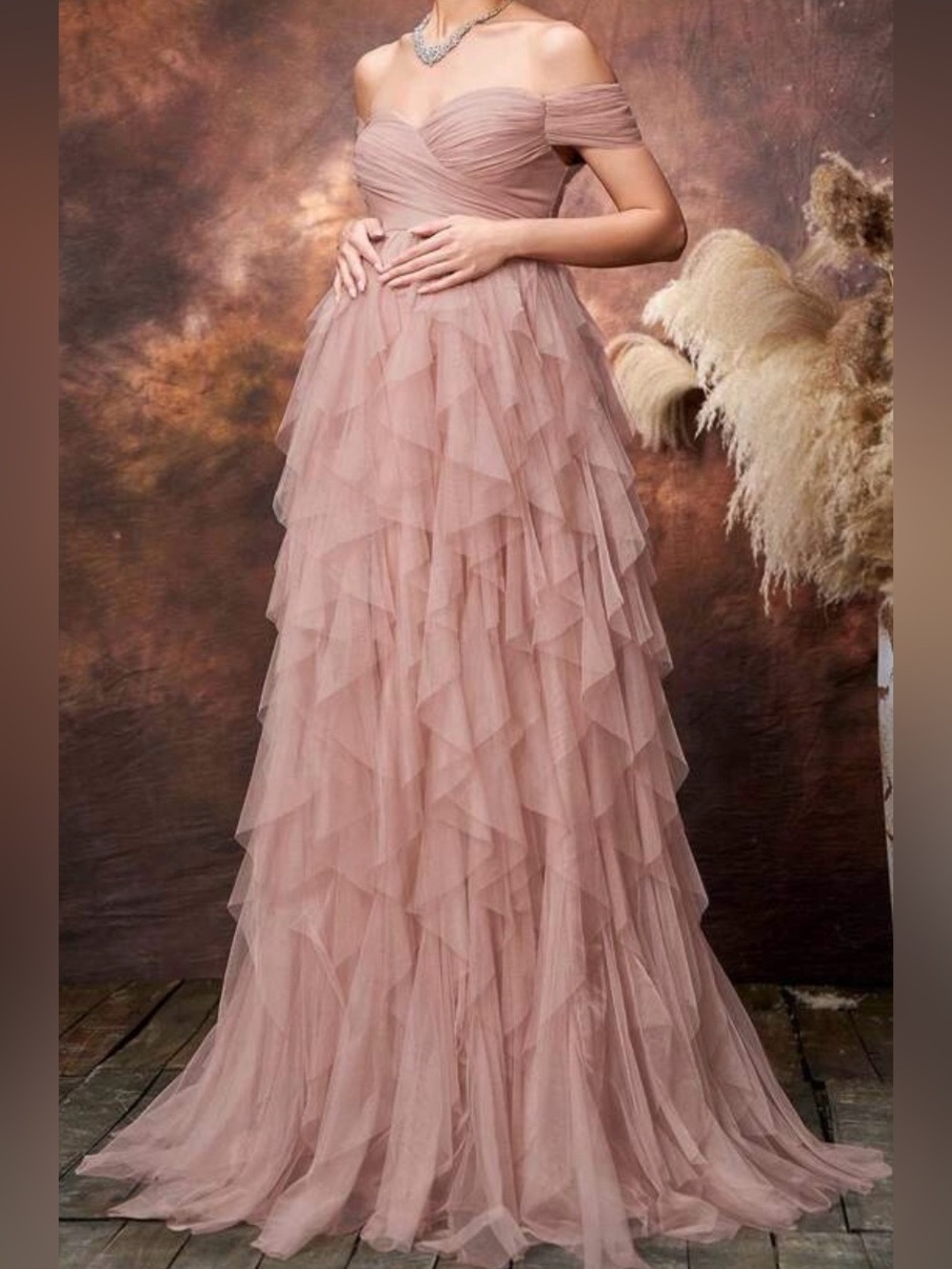 Dusty Pink Off-Shoulder Long Tulle Dress